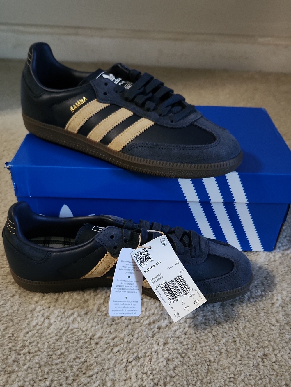 adidas Samba OG Women's Navy with Tan Stripes Sneakers NWT Size 7.5